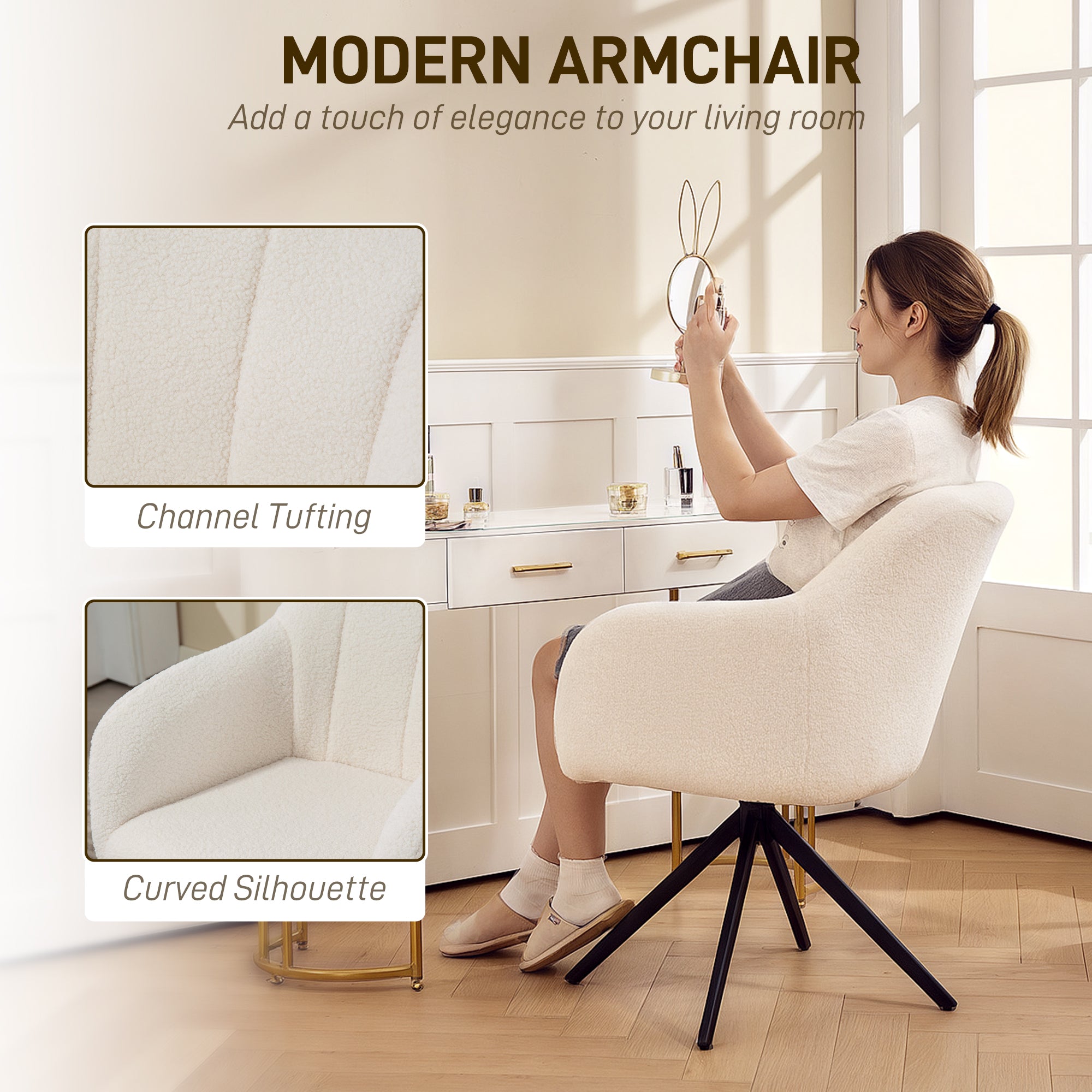 Cream-colored homcom 360 swivel armchair with plush skin-friendly teddy fleece and sleek black metal legs for home use