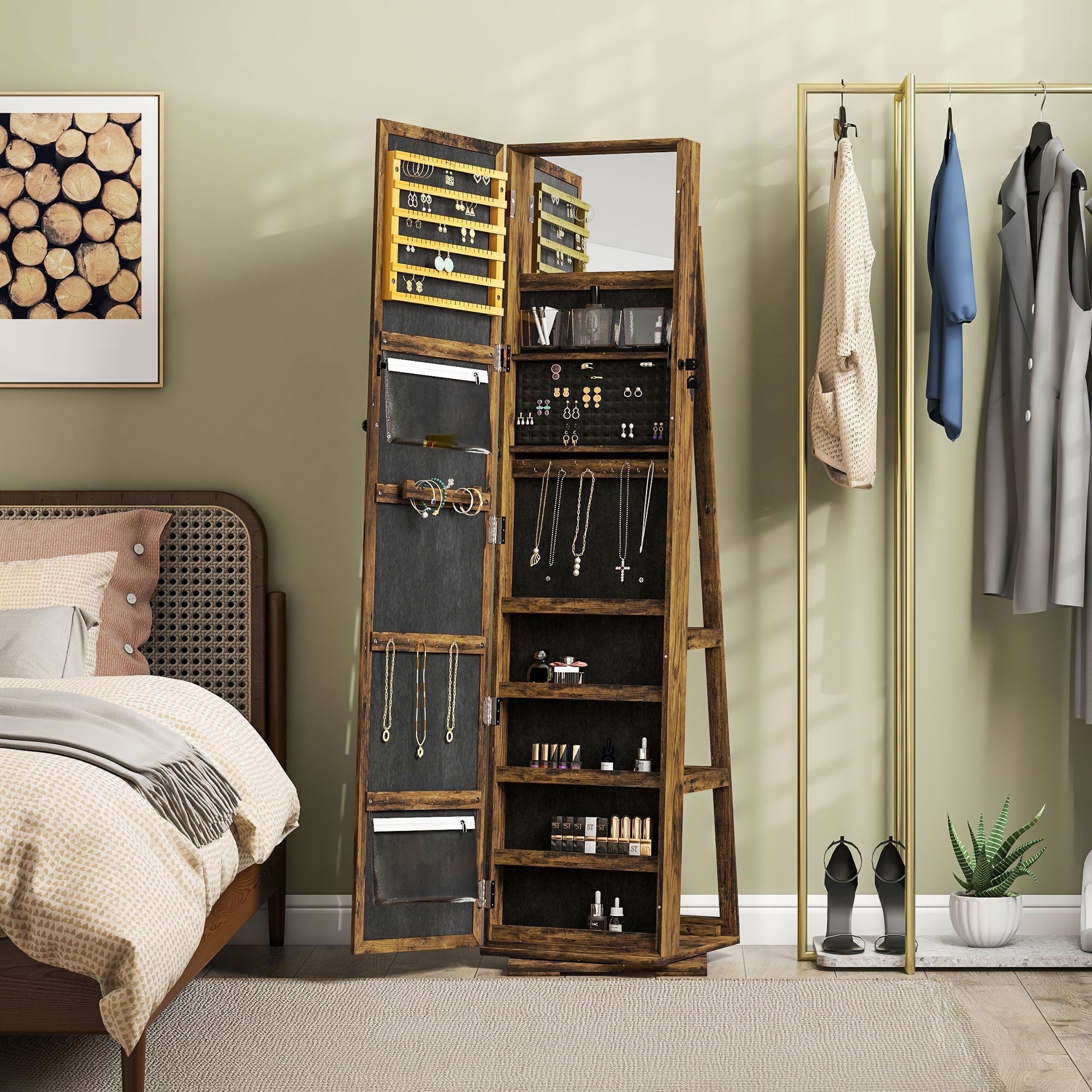 Rustic brown homcom wooden ladder-style jewelry armoire with large mirror door and black interior shelves with mirror size for organizing