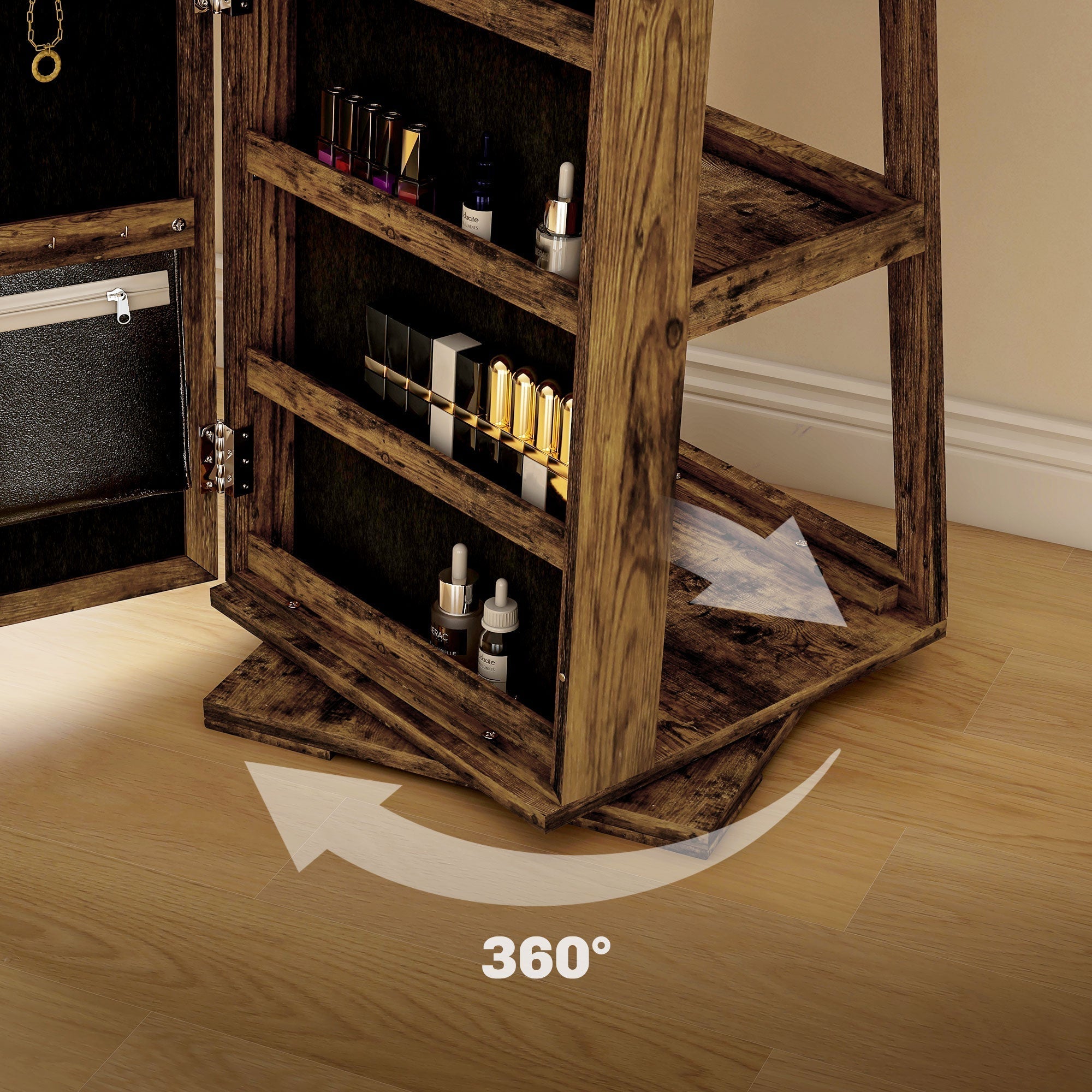 Rustic brown homcom 360 degree swivel jewelry cabinet with large mirror size and multiple shelves for cosmetics and jewelry