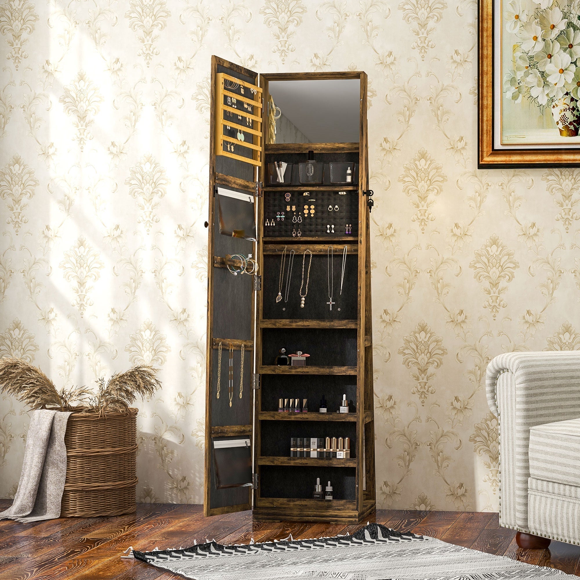 Rustic brown homcom jewellery armoire with large mirror, lockable storage, and multiple shelves for perfumes and accessories