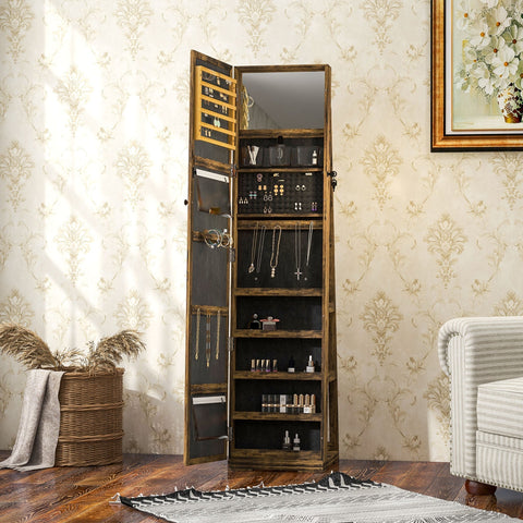 Rustic brown homcom jewellery armoire with large mirror, lockable storage, and multiple shelves for perfumes and accessories
