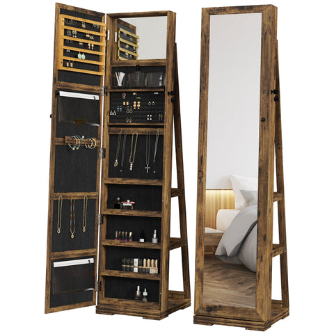 Rustic brown homcom 360° swivel jewellery cabinet with large full-length mirror and lockable compartments for jewellery and cosmetics
