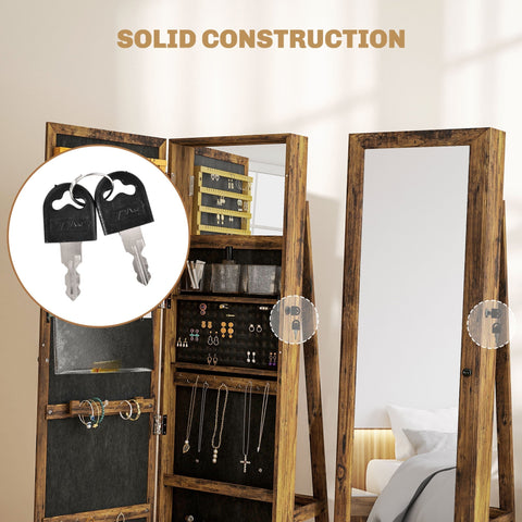 Rustic brown homcom 360° swivel wooden jewelry armoire with large mirror size and lockable mirrored doors for storage
