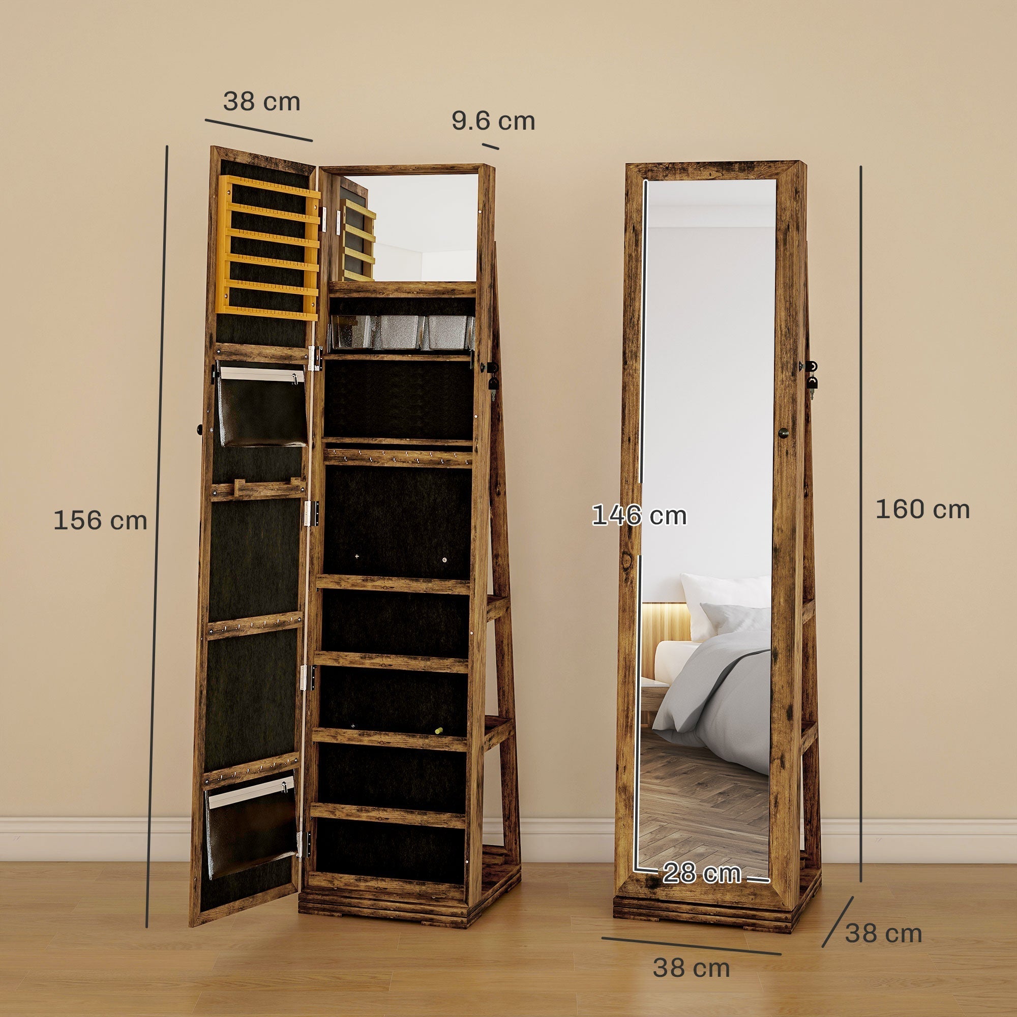 Rustic brown homcom jewelry armoire with large mirror door and multiple compartments for secure storage