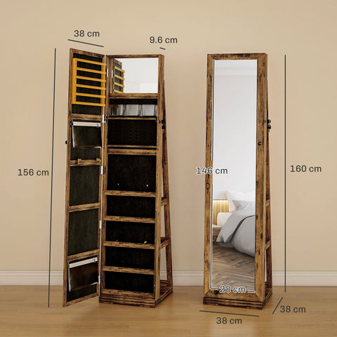 Rustic brown homcom jewelry armoire with large mirror door and multiple compartments for secure storage