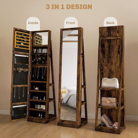 Rustic brown homcom 3-in-1 wooden jewelry armoire with large mirror, lockable organizer, and mirror size details