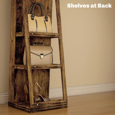 Rustic brown wooden ladder-style shelf with three tiers featured in homcom 360° swivel jewellery cabinet with large mirror size