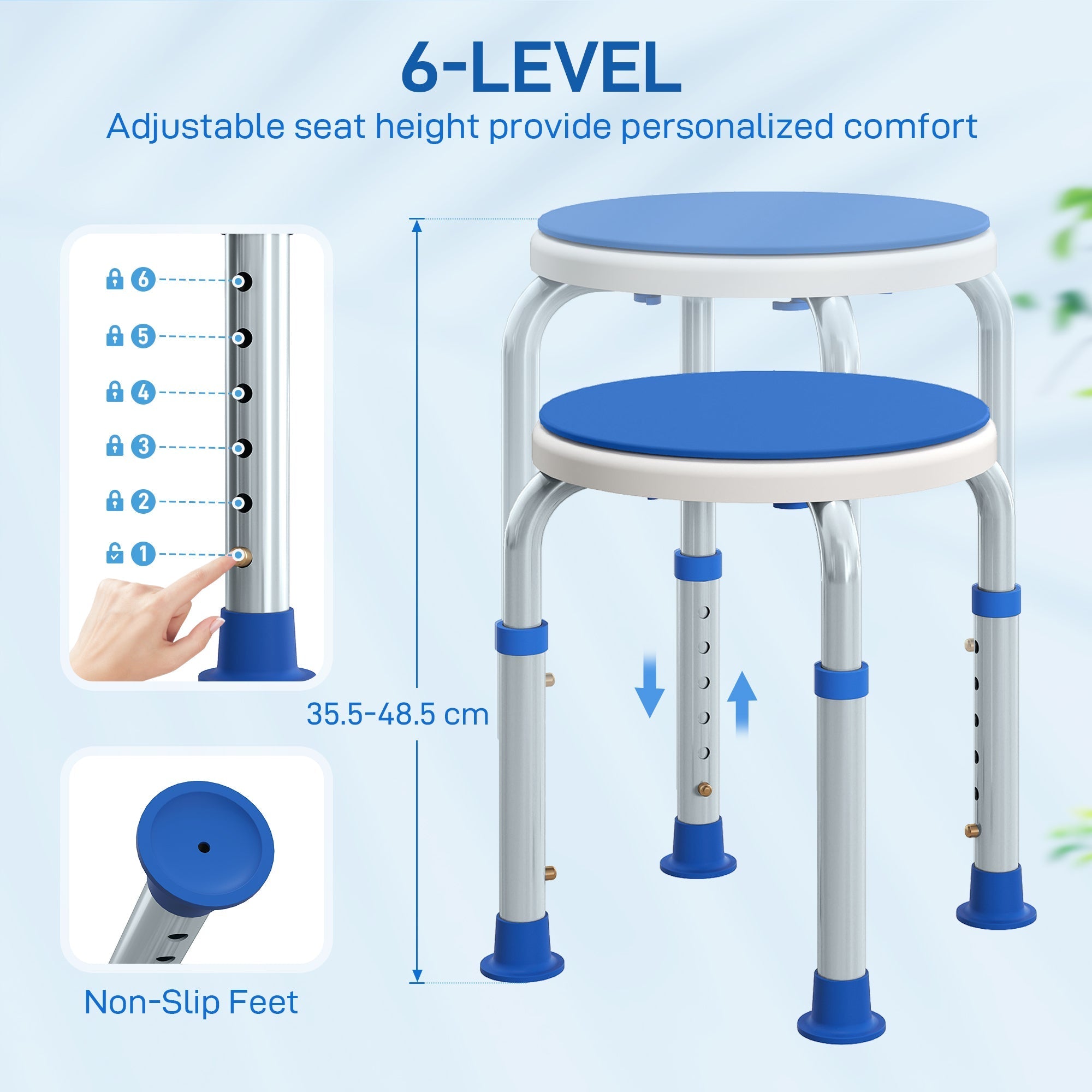 Adjustable height bath stool with blue white plastic seat silver aluminum legs and non-slip feet for max load safety