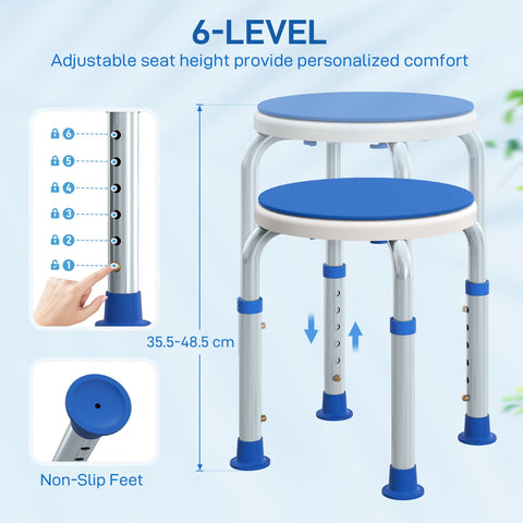 Adjustable height bath stool with blue white plastic seat silver aluminum legs and non-slip feet for max load safety