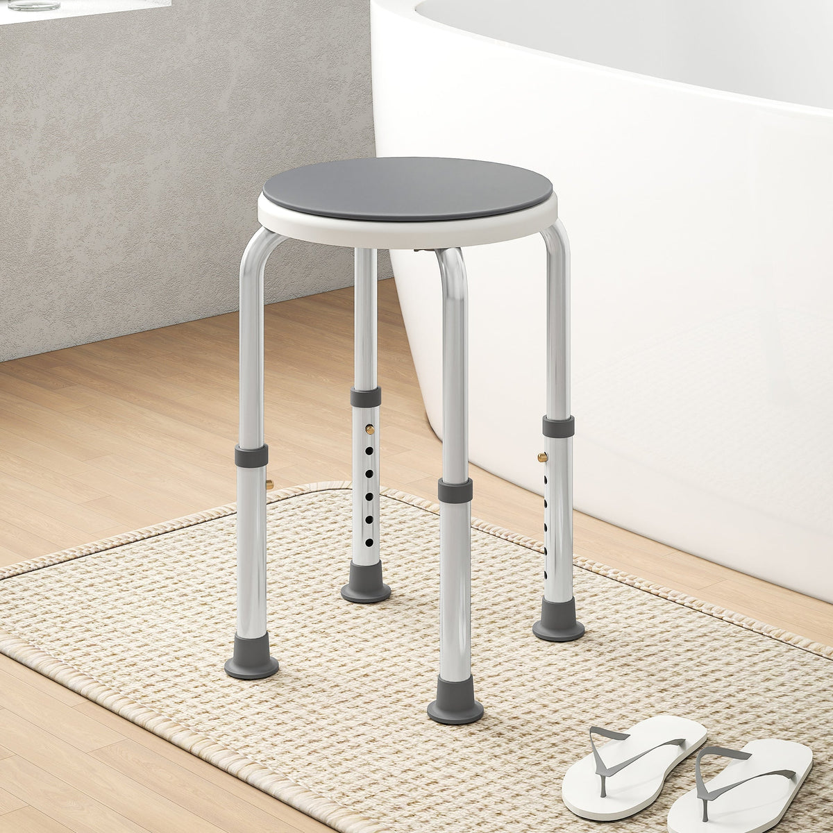 Adjustable height homcom bath stool with gray seat, silver aluminum legs, and non-slip feet for maximum load safety
