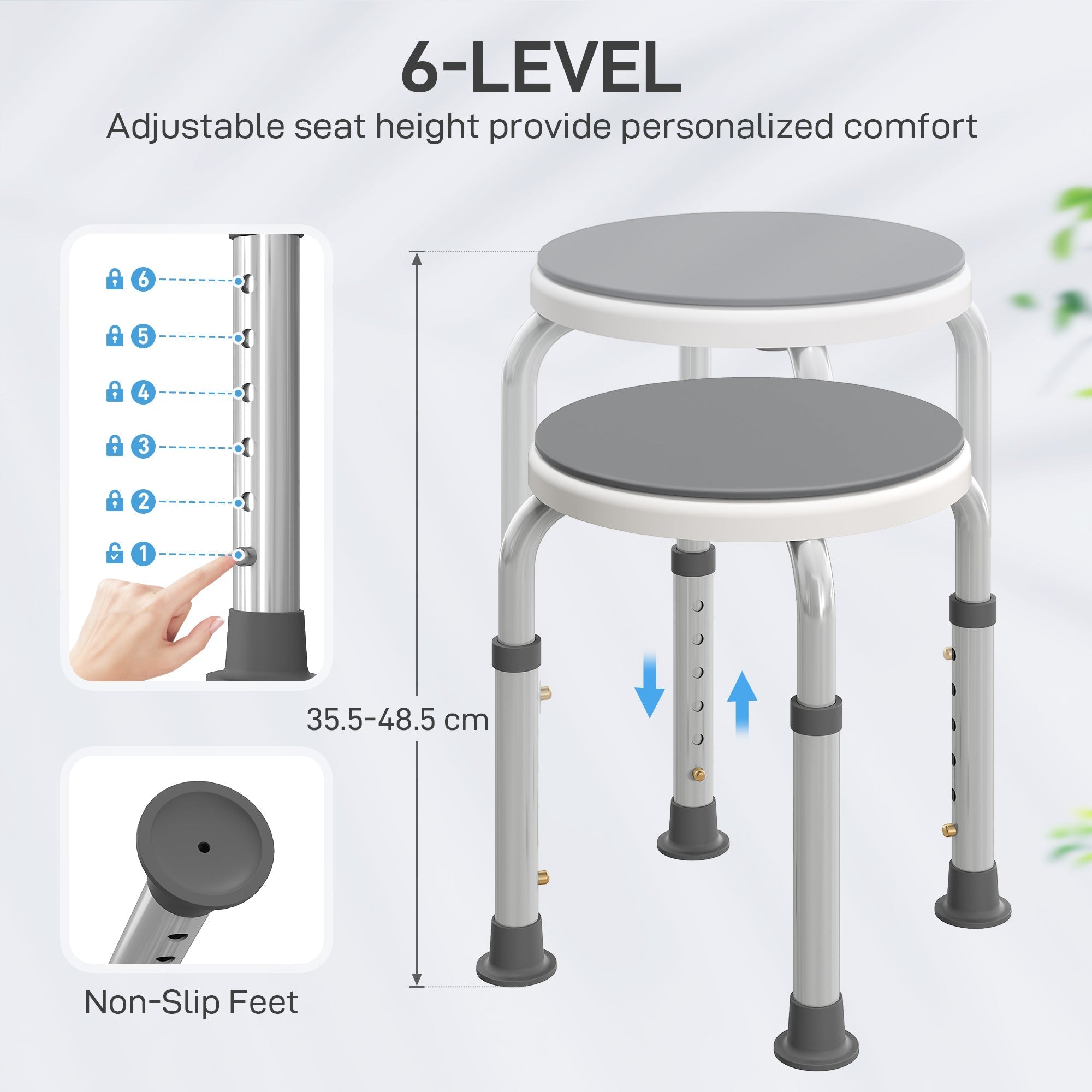 Adjustable height homcom bath stool with gray metal frame, padded seat, and non-slip feet for maximum load support