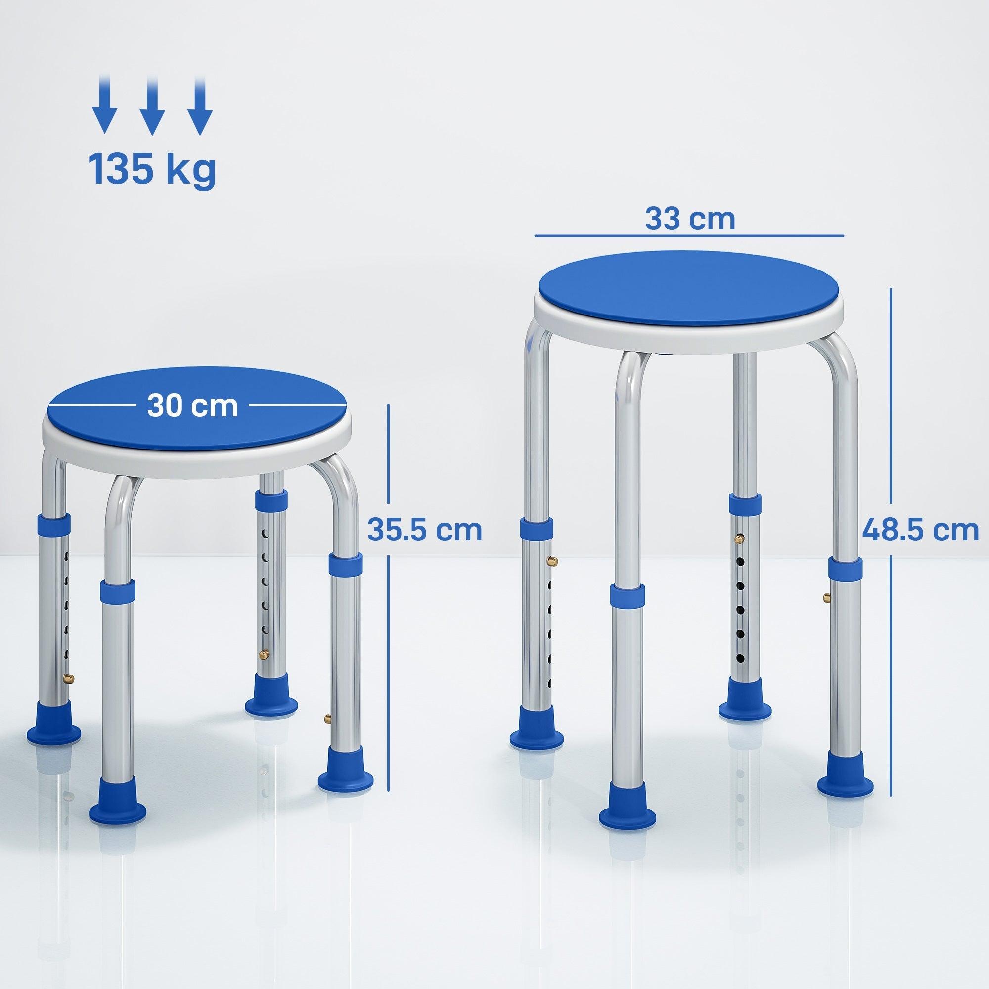 Adjustable height bath stool with blue padded seat, silver aluminum legs, non-slip feet, and maximum load capacity