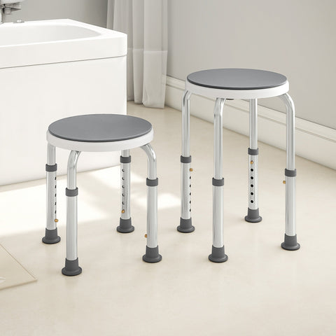 Adjustable height bath stool with gray seat and silver aluminum legs with non-slip feet and high maximum load