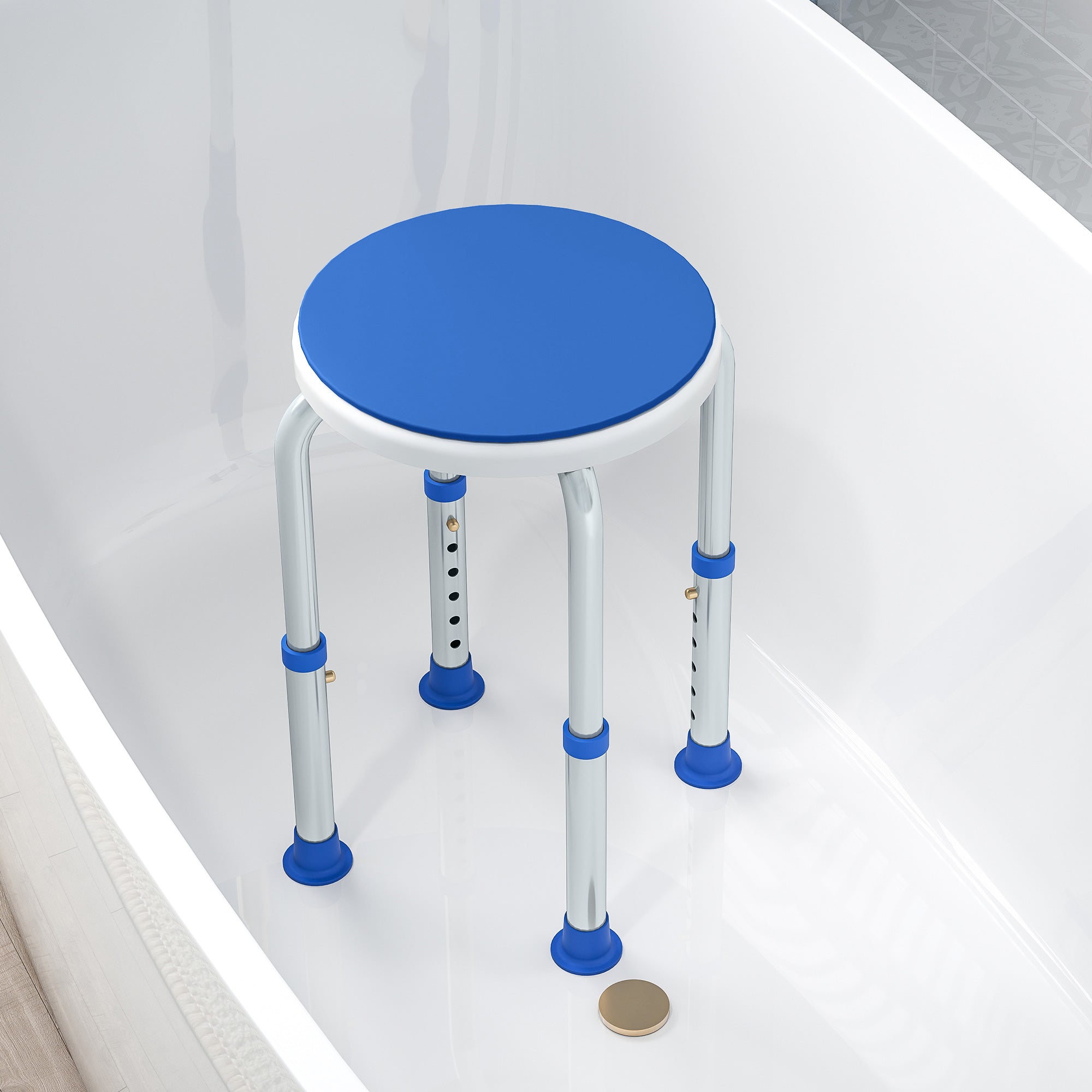 Blue and silver aluminium bath stool with adjustable height, 360 swivel seat, and non-slip feet for max load safety