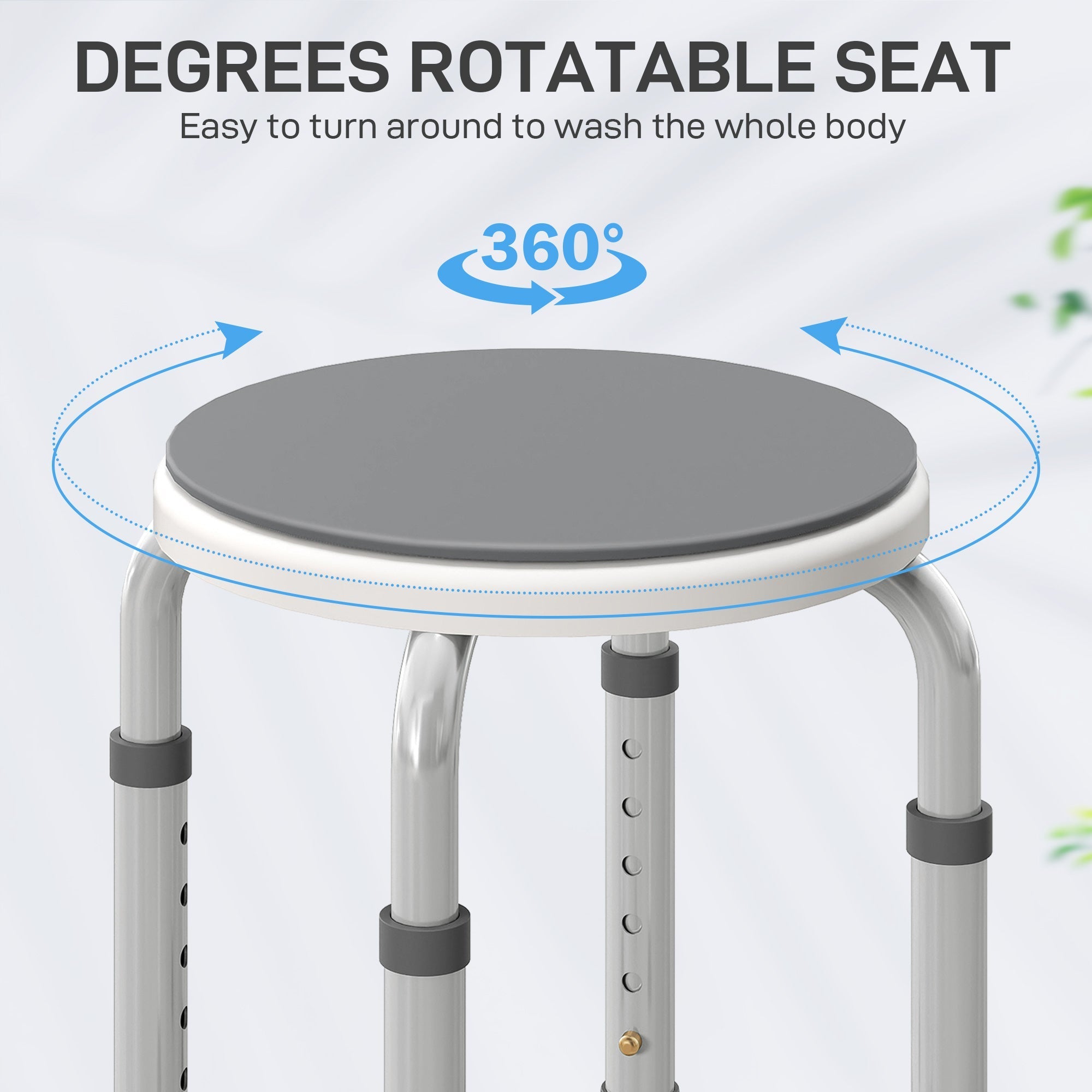 Gray homcom 360° swivel bath stool with padded seat, adjustable aluminum legs, non-slip feet, and high maximum load