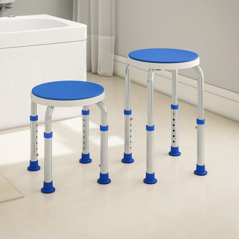 Blue and silver aluminium bath stool with padded seat, adjustable height, 360 swivel, and non-slip feet for max load use
