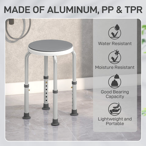 Adjustable height aluminum bath stool with gray seat and white legs featuring non slip feet and max load support