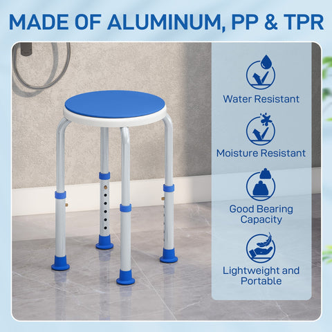 Blue and white adjustable bath stool made of aluminum with non-slip feet and high maximum load for elderly use