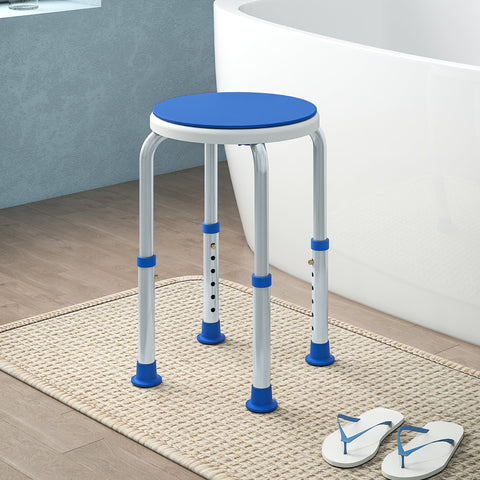 Blue and white aluminium bath stool with 360° swivel, height adjustable, non-slip feet, and max load support