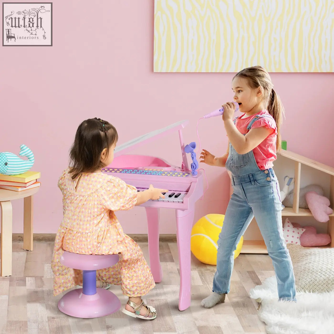 Pink grand piano toy made of abs material with 37 keys stool microphone and demo songs for kids learning fun