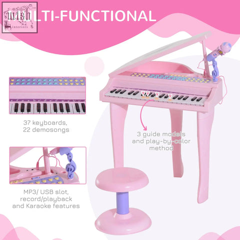 Pink abs material homcom grand piano toy with 37 keys stool microphone demo songs and mp3 usb slot for kids
