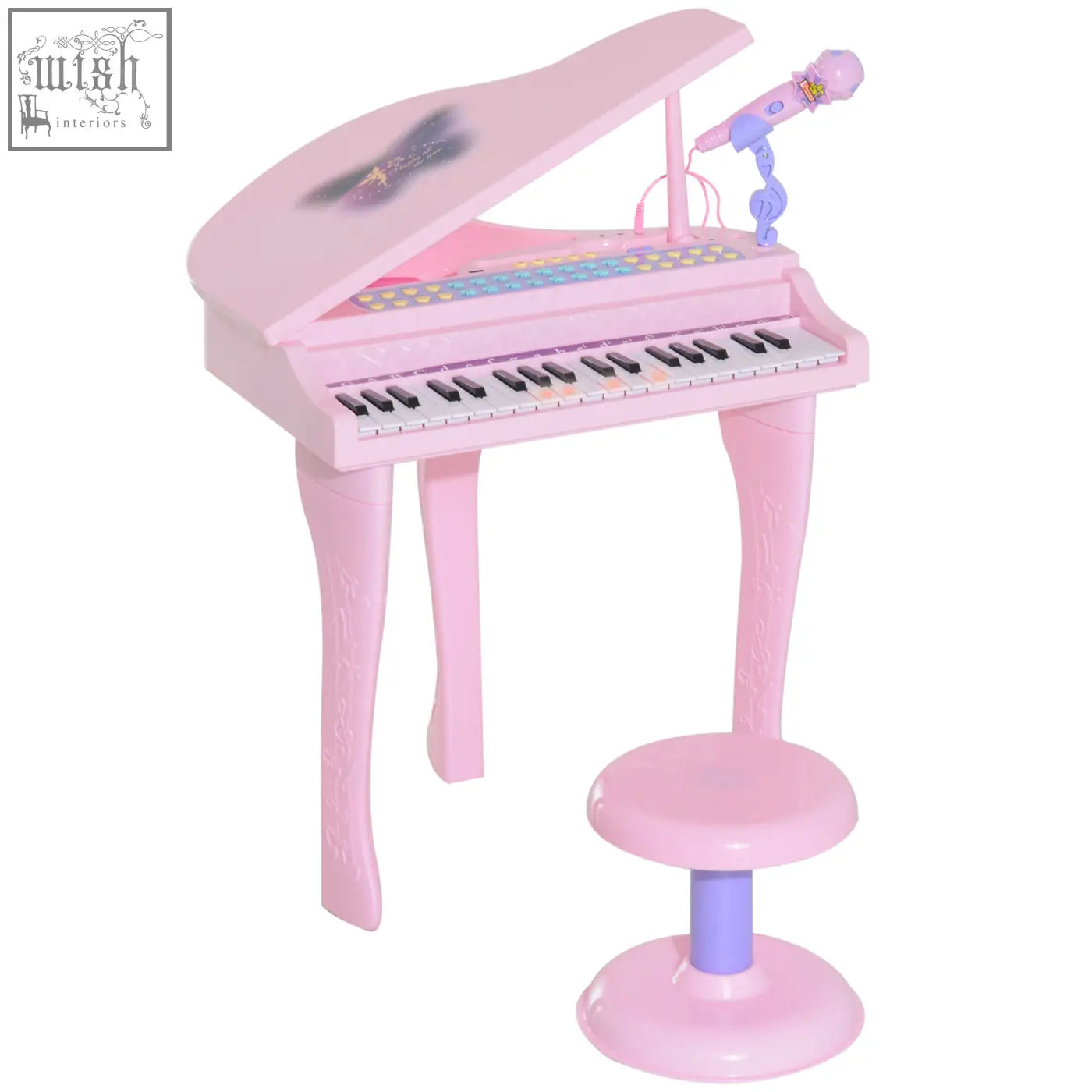 Pink abs material grand piano toy with 37 keys stool microphone and demo songs for kids learning music play