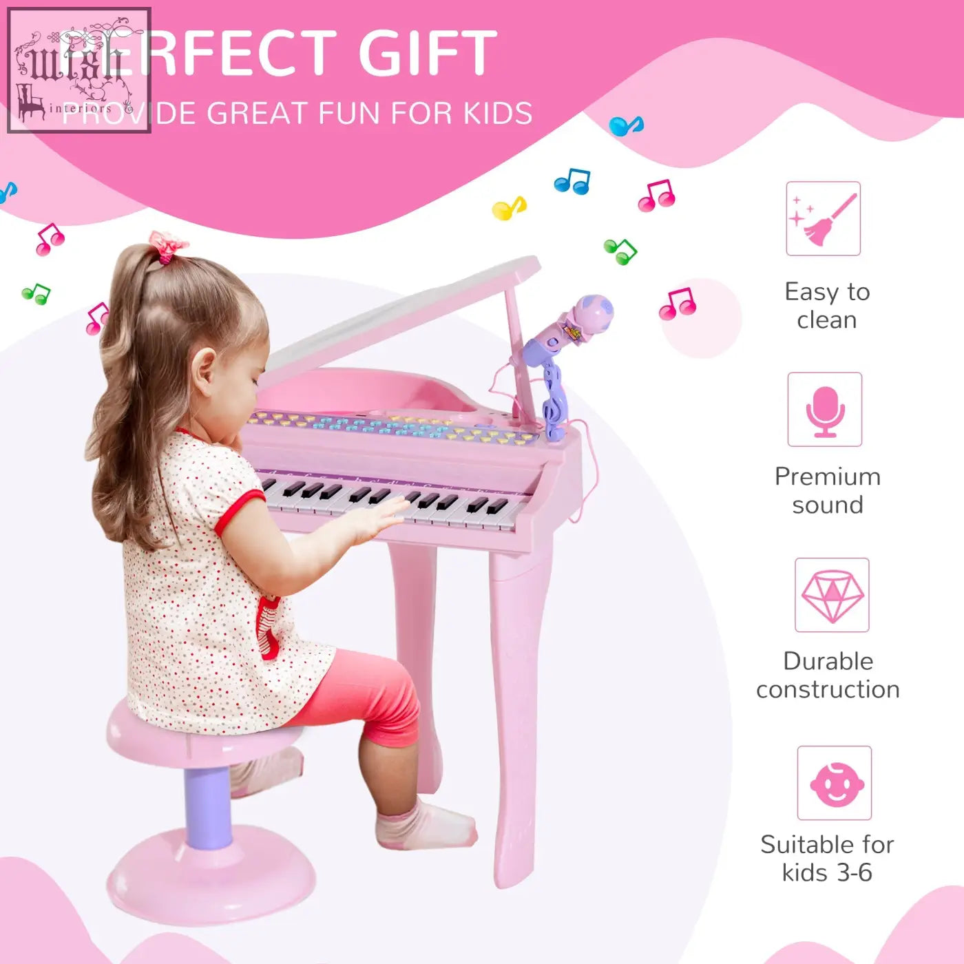 Pink abs material kids mini electronic grand piano with 37 colorful keys built-in microphone and demo songs set