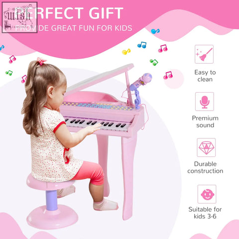 Pink abs material kids mini electronic grand piano with 37 colorful keys built-in microphone and demo songs set