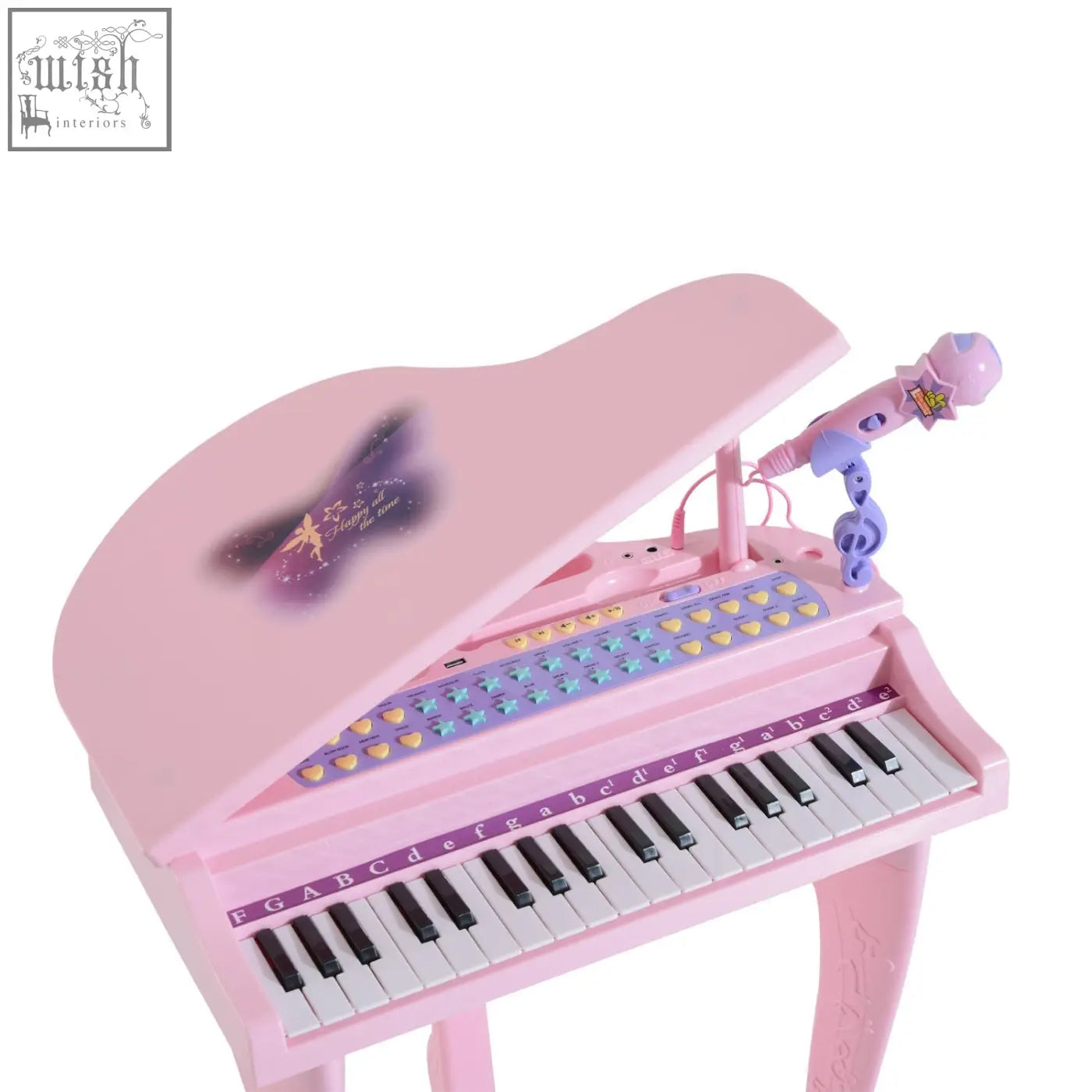 Pink abs material kids mini grand piano with butterfly design microphone and demo songs for educational play