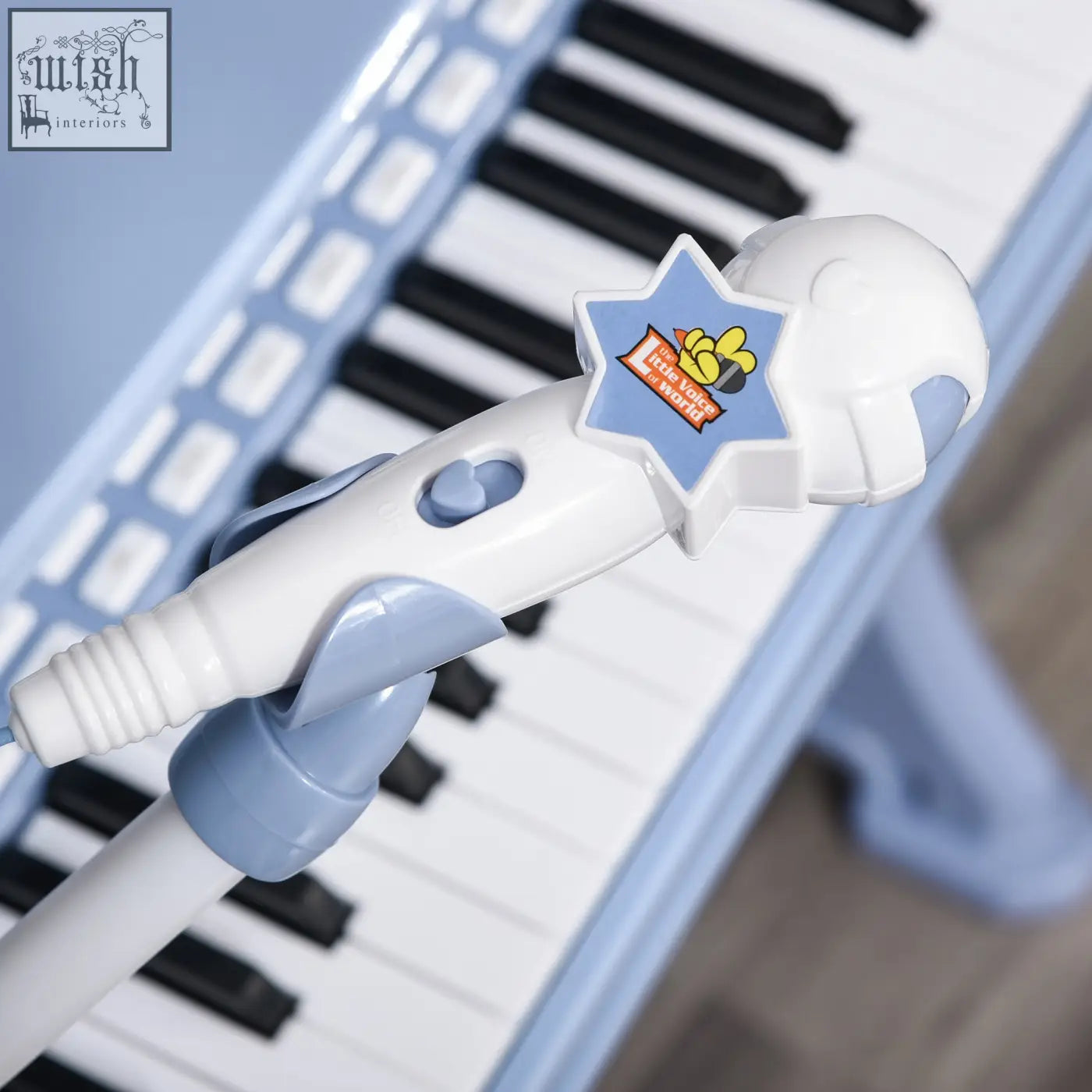White and light blue plastic toy microphone with a bee star sticker for homcom keys kids piano set accessory