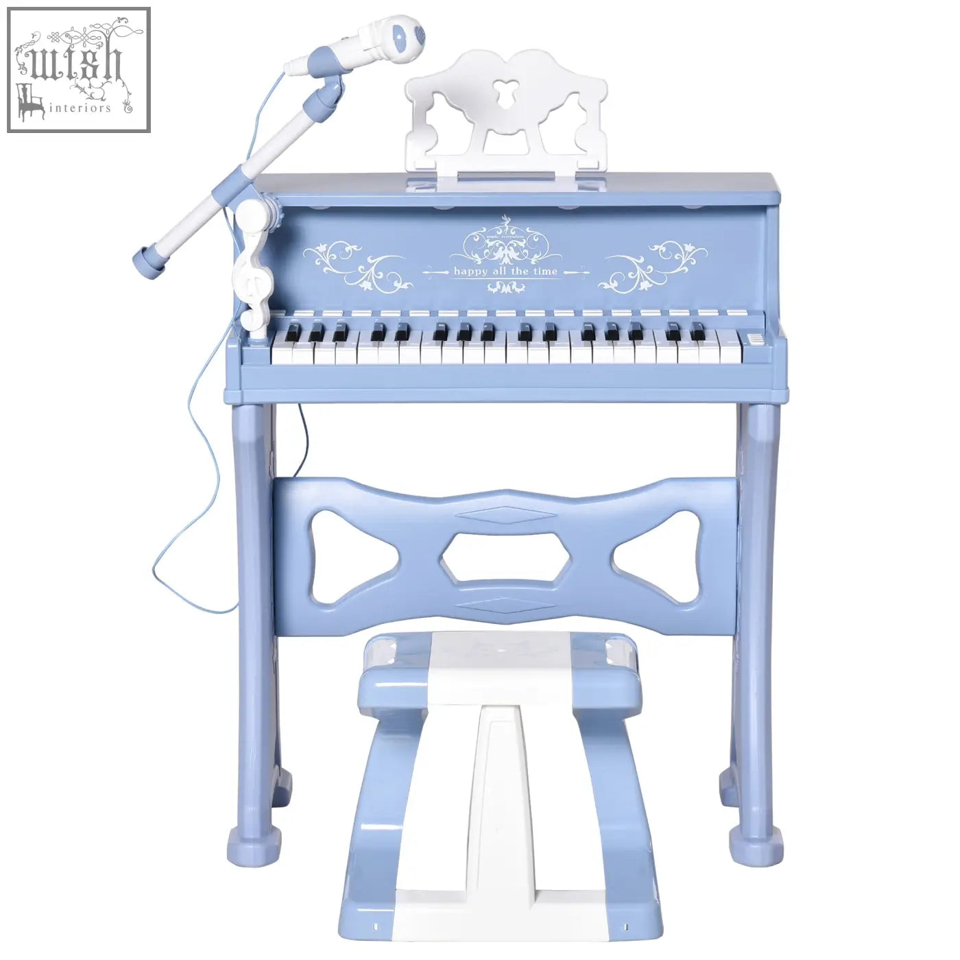 Light blue plastic keys kids piano toy with 37 white keys happy all the time panel microphone stand included