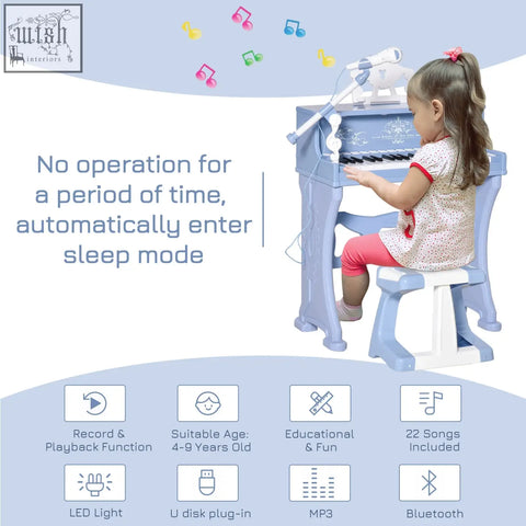 Light blue plastic keys kids piano with 37 white keys and built-in microphone stand for kids musical fun