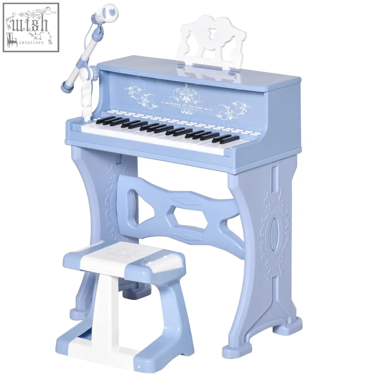 Light blue plastic keys kids piano toy with 37 keys, ornate detailing, matching stool, mic, and music stand included