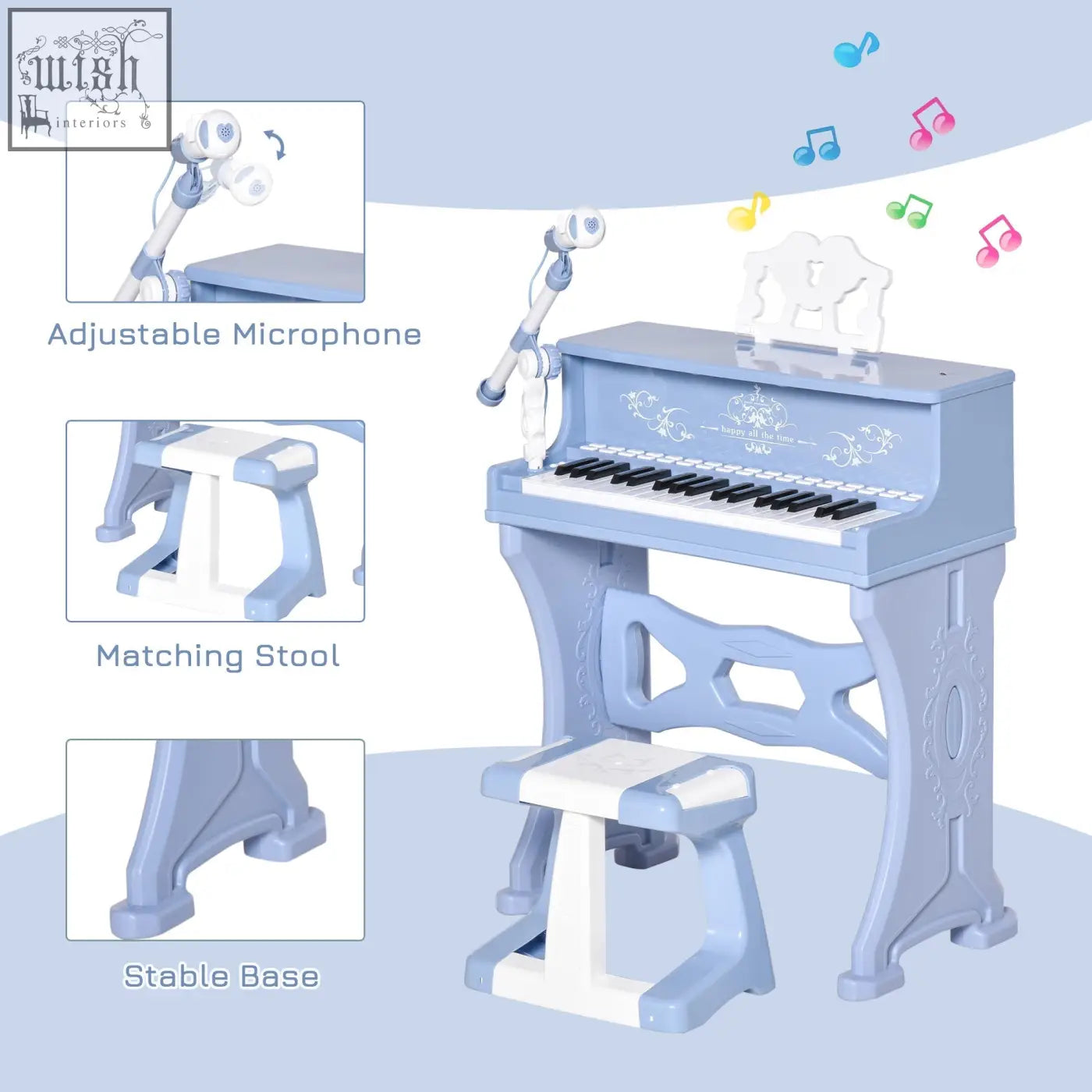 Light blue plastic keys kids piano toy with 37 keys, ornate detailing, matching stool for kids musical fun