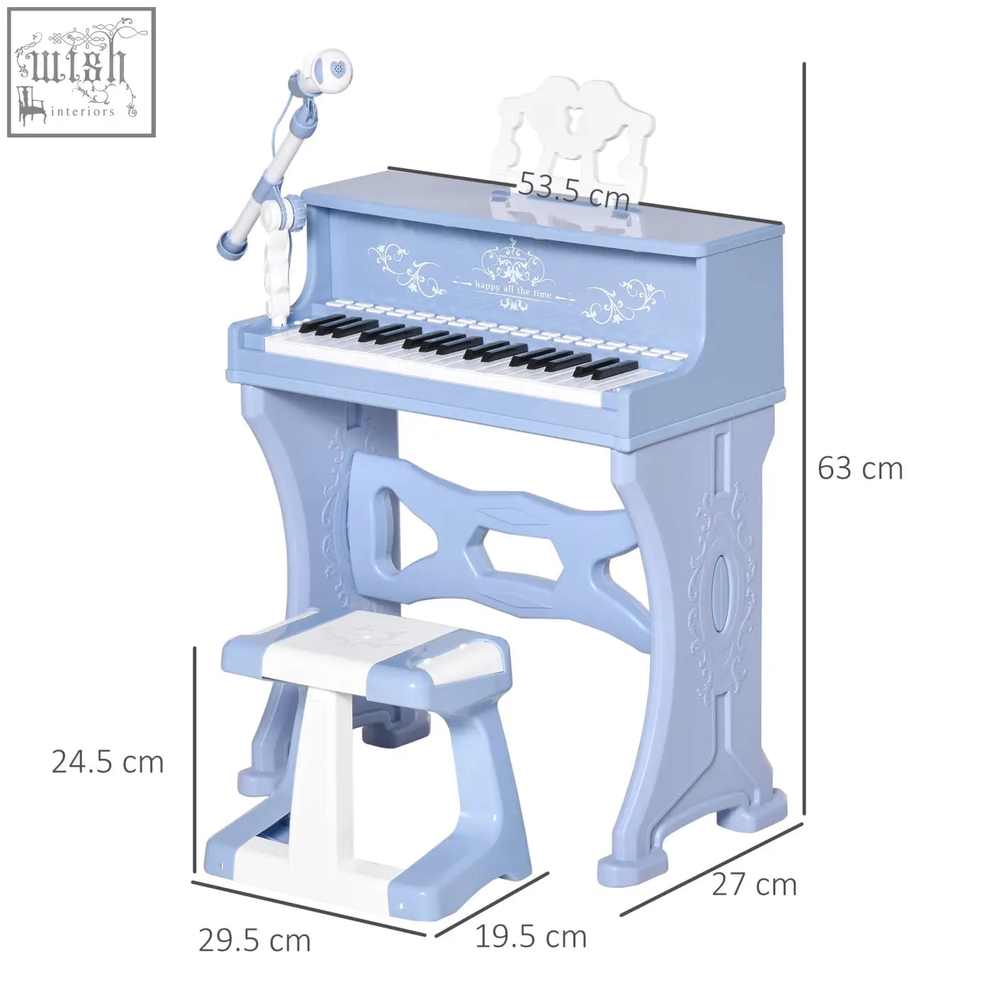 Light blue plastic homcom keys kids piano toy with 37 black and white keys ornate lid and legs for kids learning