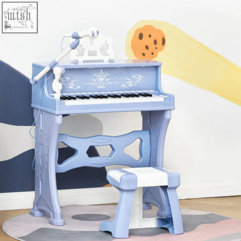 Light blue plastic keys kids piano with 37 black and white keys floral decals stool and microphone for kids play