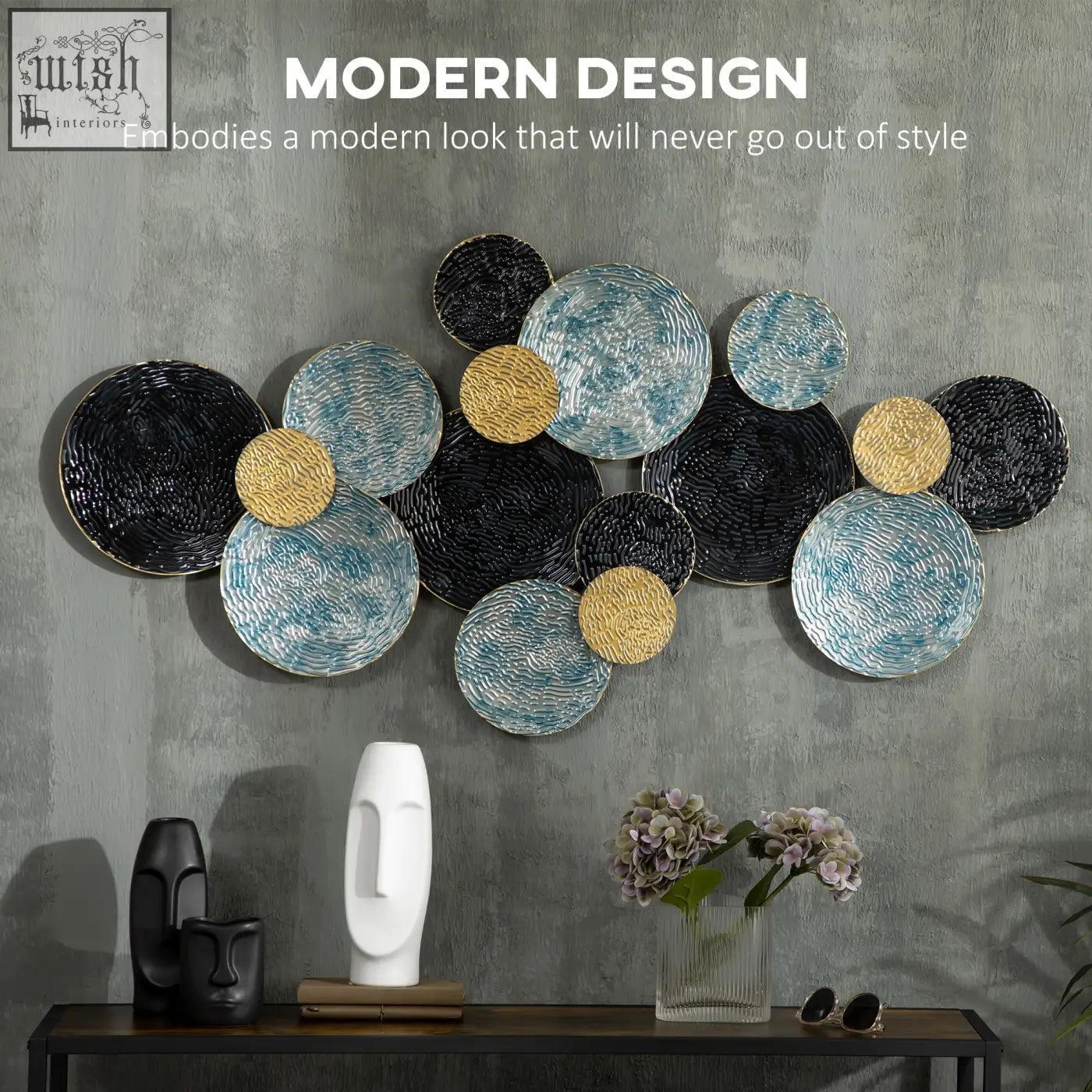Homcom 3d metal wall art with overlapping blue black gold circular plates and textured woven patterns for home decor