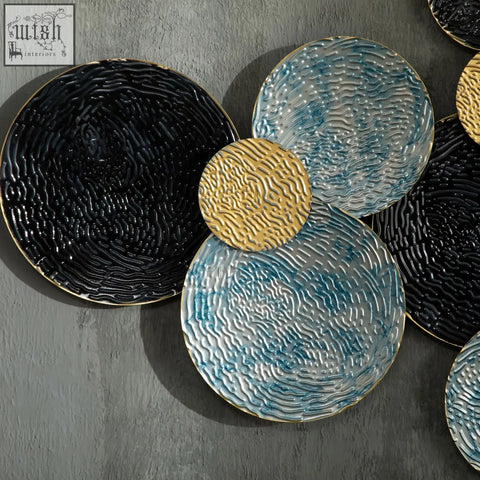 Set of homcom metal wall art pieces with blue black gold textured wavy patterns and gold rims for modern home decor