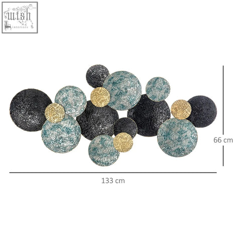 Modern 3d metal wall art sculpture with textured blue black gold spheres for living room bedroom decor