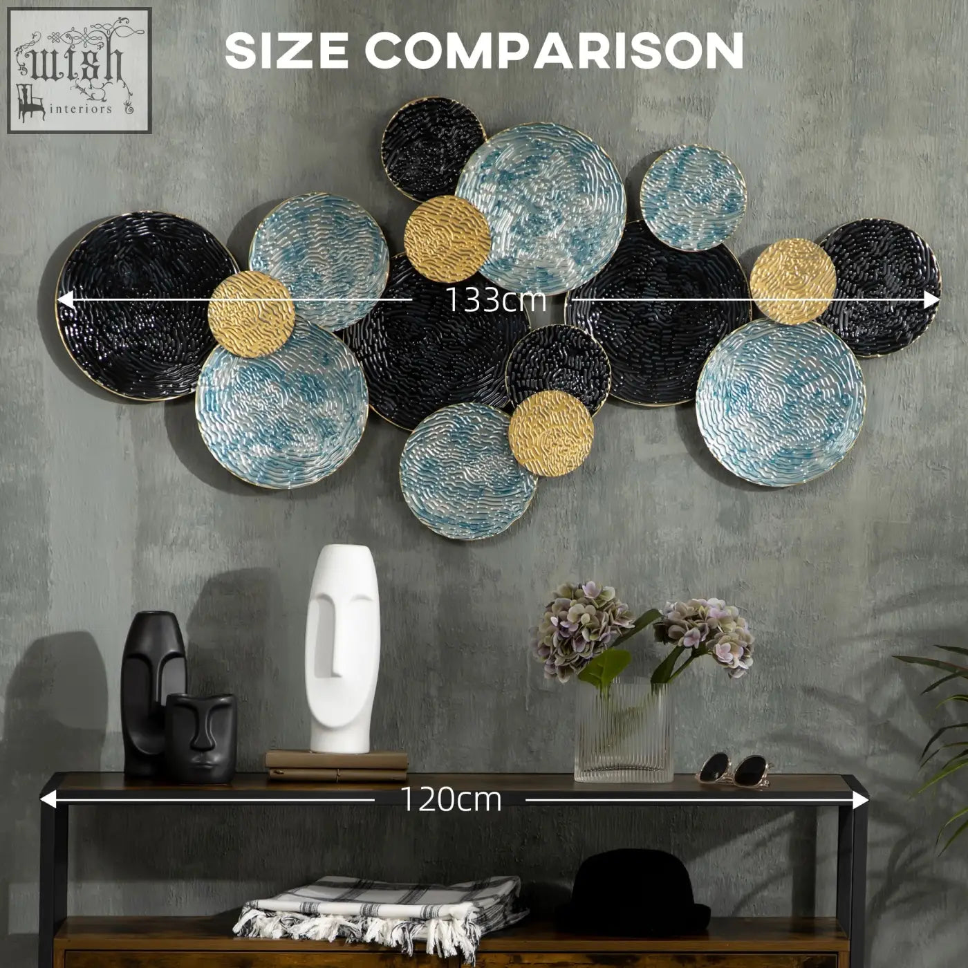 Abstract modern 3d metal wall art with overlapping blue black gold circular plates and woven texture for home decor