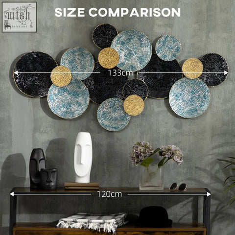 Abstract modern 3d metal wall art with overlapping blue black gold circular plates and woven texture for home decor