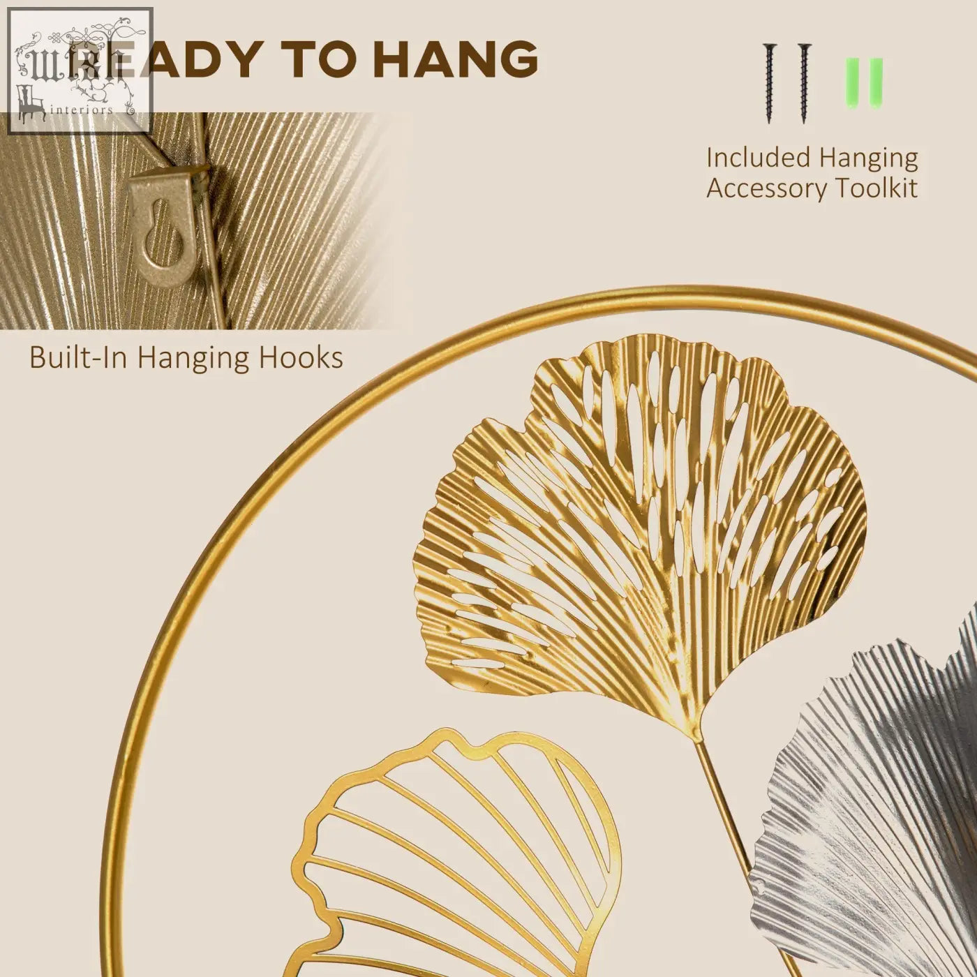Gold and silver metallic tones ginkgo leaf wall art with built in hanging hooks and kit included for easy decor