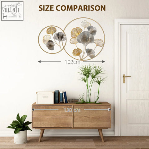 Homcom 3d metal wall art featuring gold and silver metallic tones ginkgo leaves in circular frames kit included