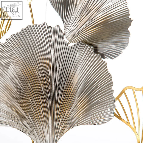 Silver and gold metallic tones ginkgo leaf wall art with ribbed fan design kit included for modern home decor