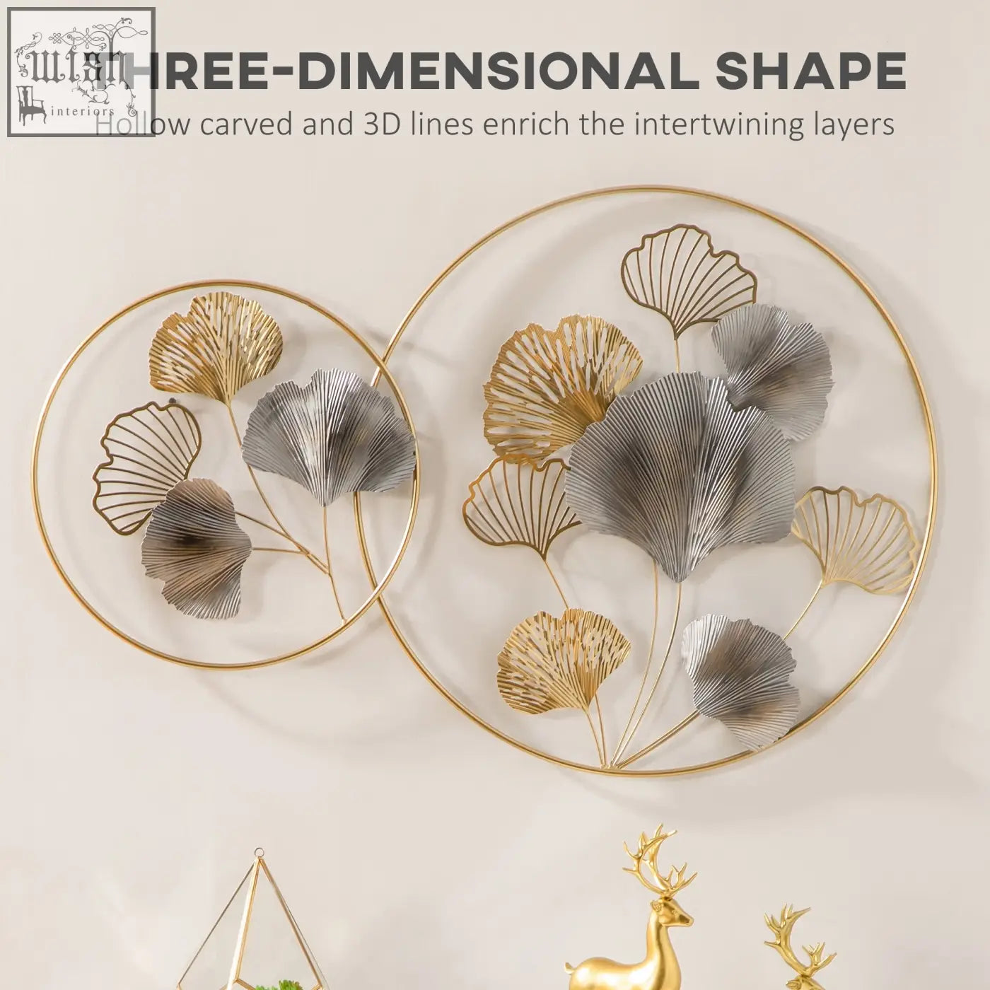HOMCOM 3D metal wall art with gold and silver metallic tones ginkgo leaves in circular frames kit included