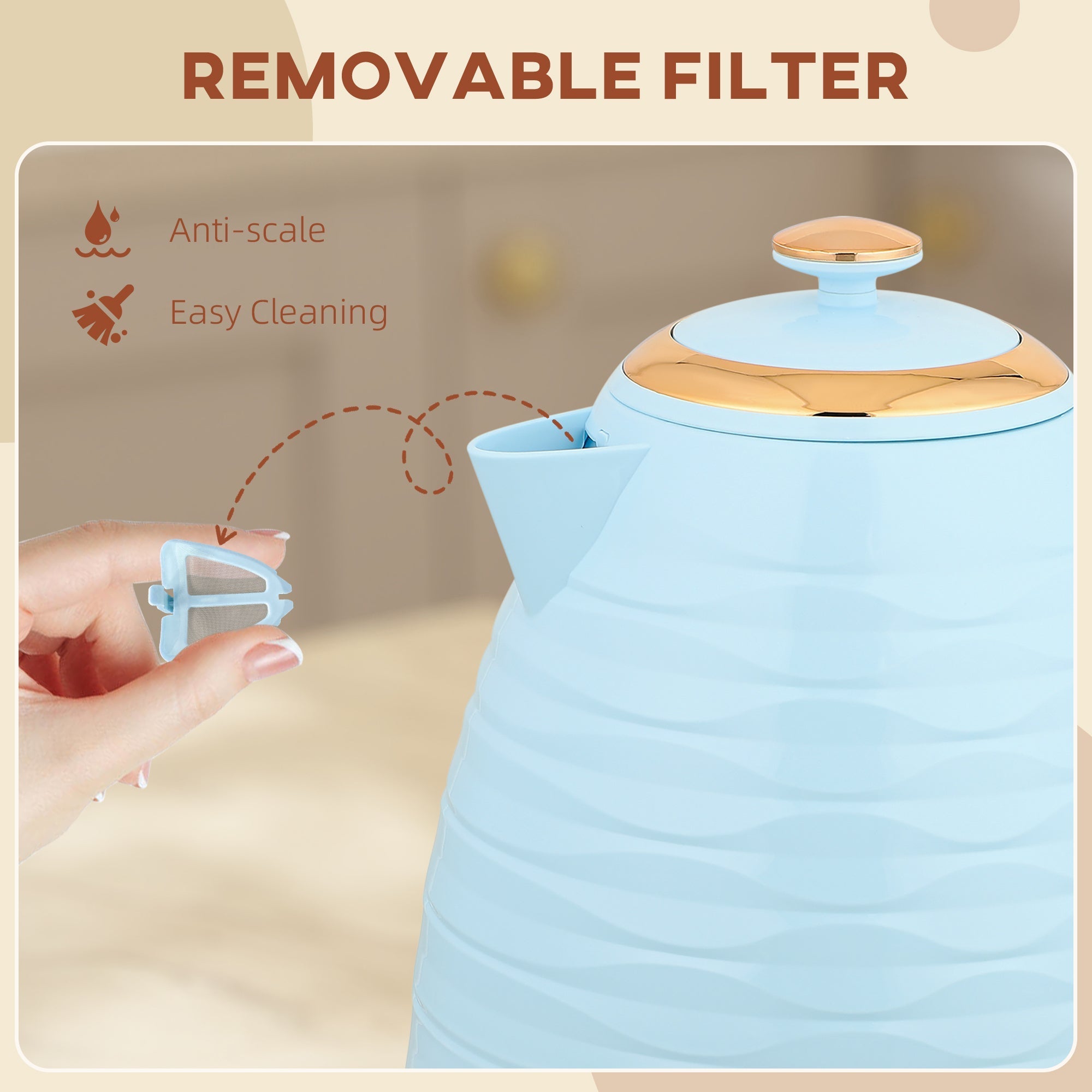 Light blue homcom 3kw rapid boil kettle with gold lid handle, boil-dry protection, removable filter, and compact kettle dimension