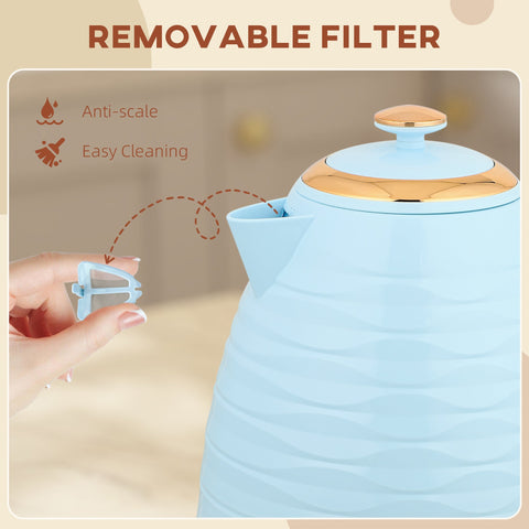 Light blue homcom 3kw rapid boil kettle with gold lid handle, boil-dry protection, removable filter, and compact kettle dimension