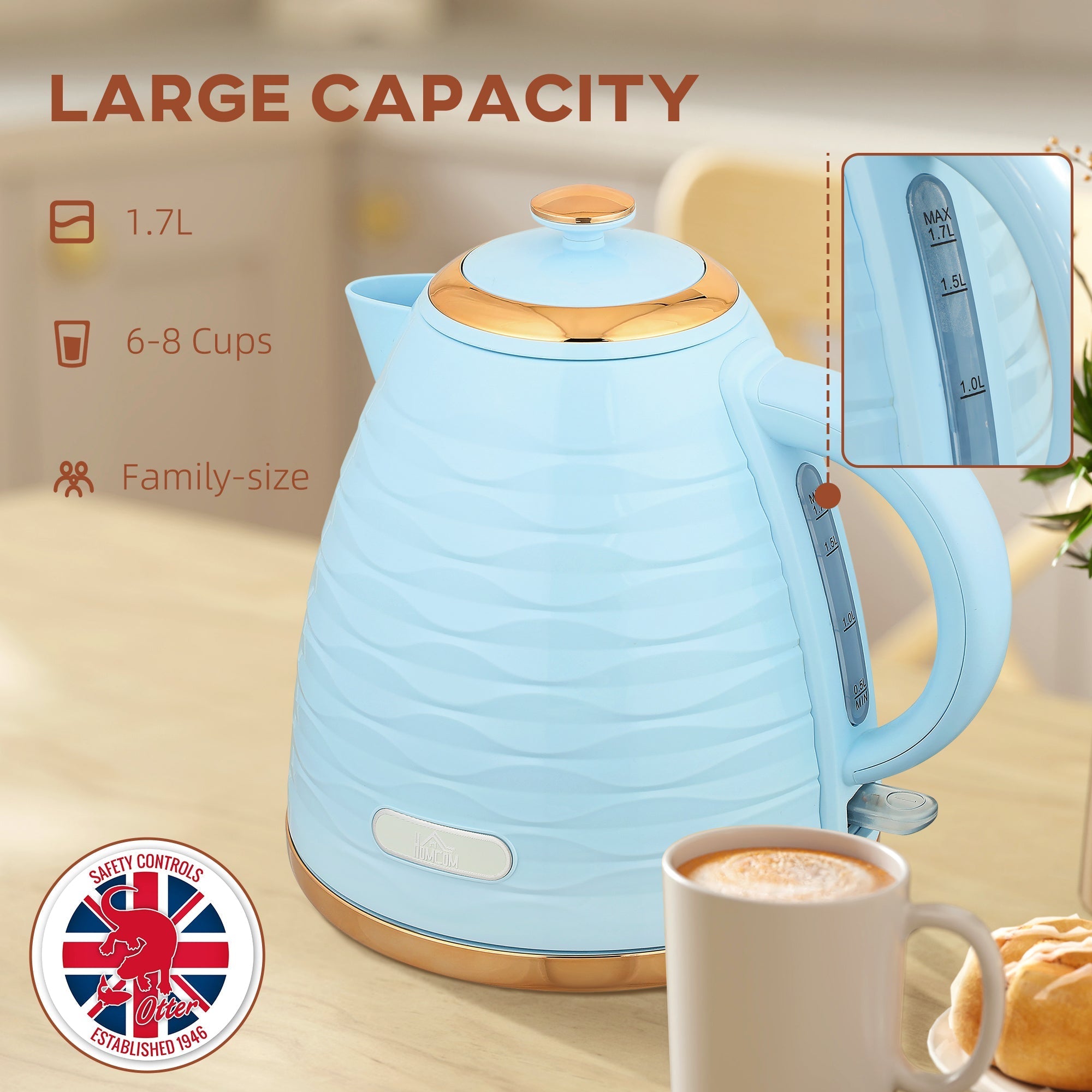 Homcom 3kw rapid boil honeycomb kettle in light blue with gold accents and boil dry protection and kettle dimension design