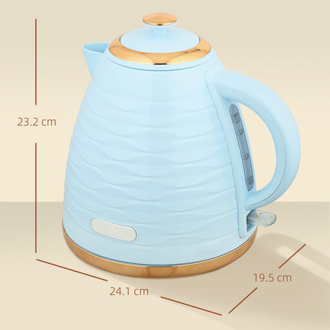 Homcom 3kw rapid boil honeycomb kettle in light blue with gold accents and boil-dry protection kettle dimension compact