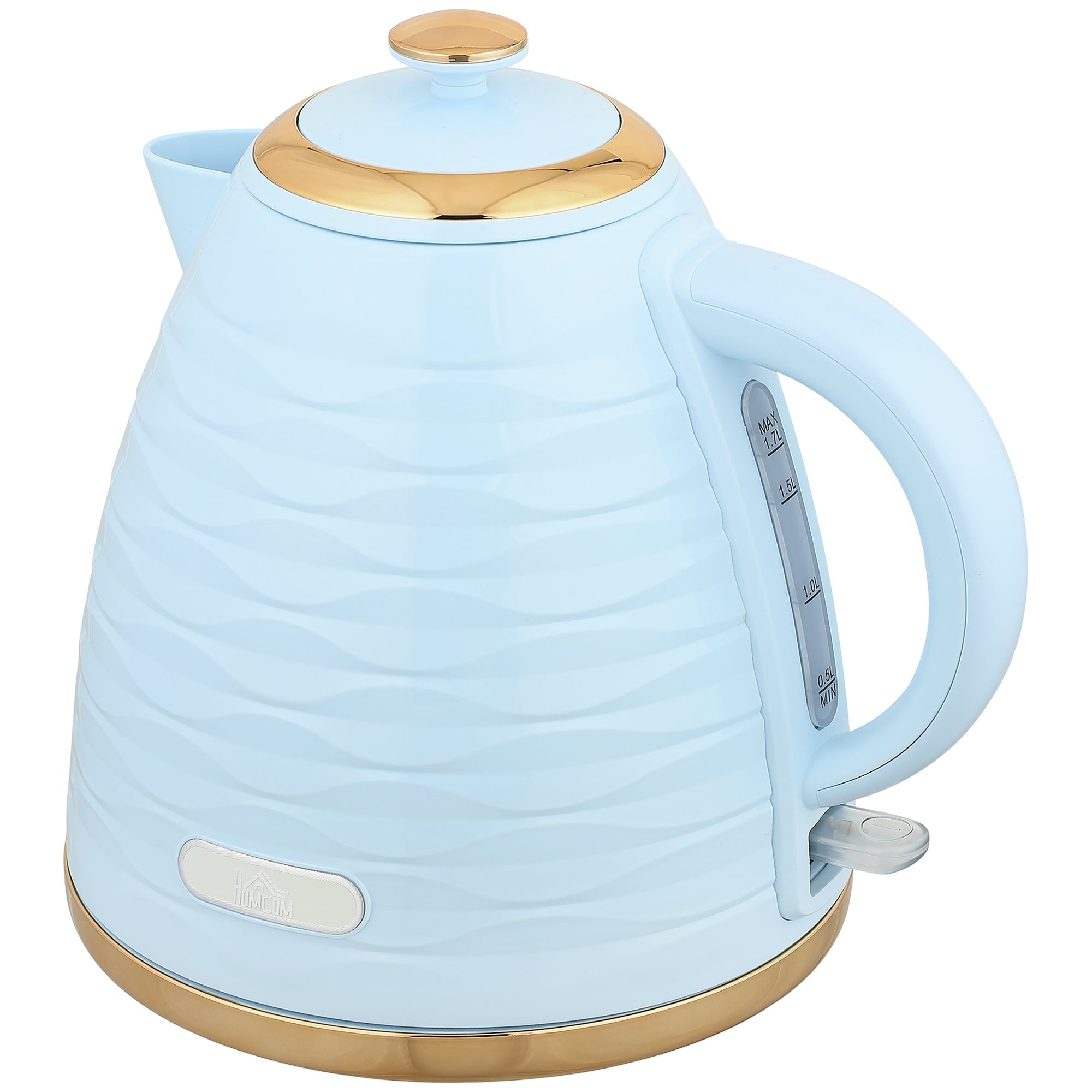 Light blue homcom 3kw rapid boil honeycomb kettle with gold accents and boil dry protection and wavy texture